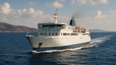 Ferry naviguant dans la Méditerranée, digitalisation des ports