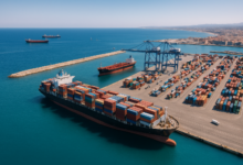 Vue aérienne d'un port méditerranéen, commerce maritime