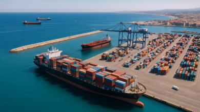 Vue aérienne d'un port méditerranéen, commerce maritime