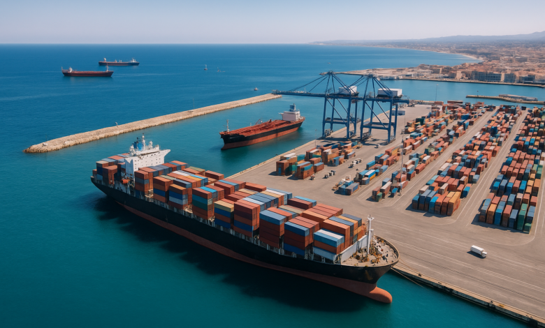 Vue aérienne d'un port méditerranéen, commerce maritime