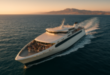 Ferries connectés sur les lignes Méditerranée–Maghreb, vue aérienne