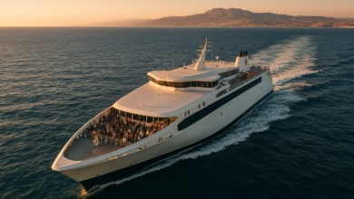 Ferries connectés sur les lignes Méditerranée–Maghreb, vue aérienne