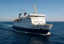Ferry naviguant en Méditerranée sous un ciel ensoleillé
