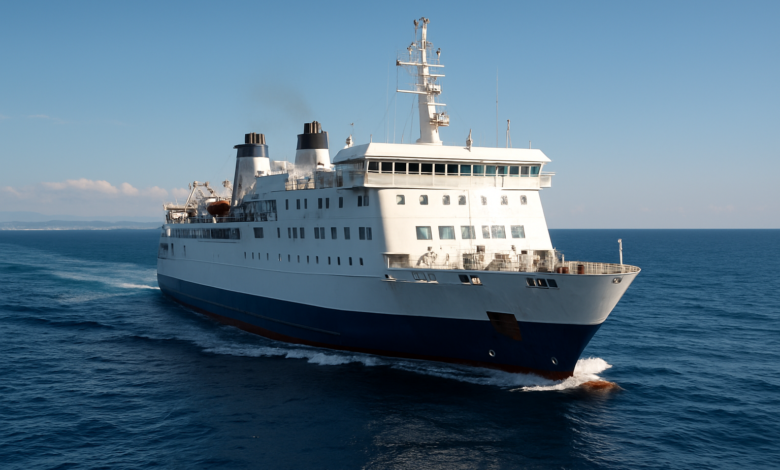 Ferry naviguant en Méditerranée sous un ciel ensoleillé