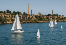 Vue maritime de Carthage avec un bateau en Méditerranée