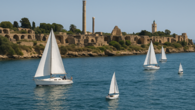 Vue maritime de Carthage avec un bateau en Méditerranée
