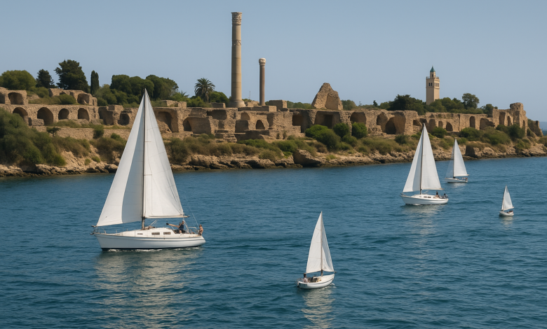 Vue maritime de Carthage avec un bateau en Méditerranée
